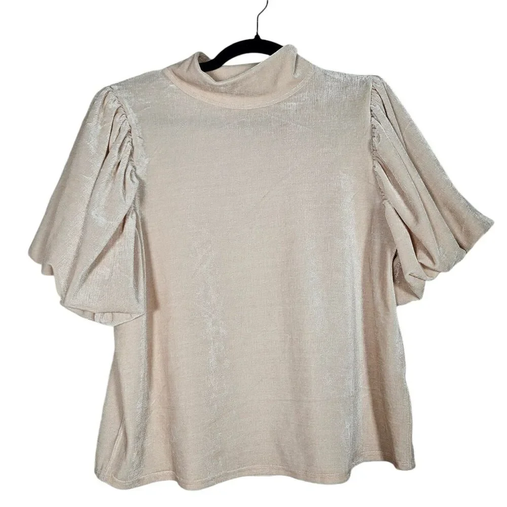 Free People Top Blouse Size M Claudia Velvet Lt Pink Puff Short Sleeve‎ Tee Boho